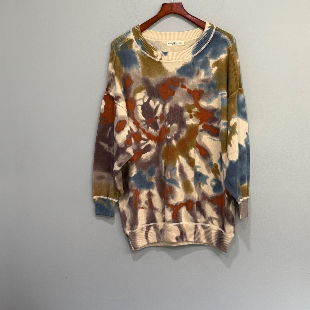 Natural Life Tie Dye Cotton Knit Sweater Crew Neck Oversized Multi Color S/M